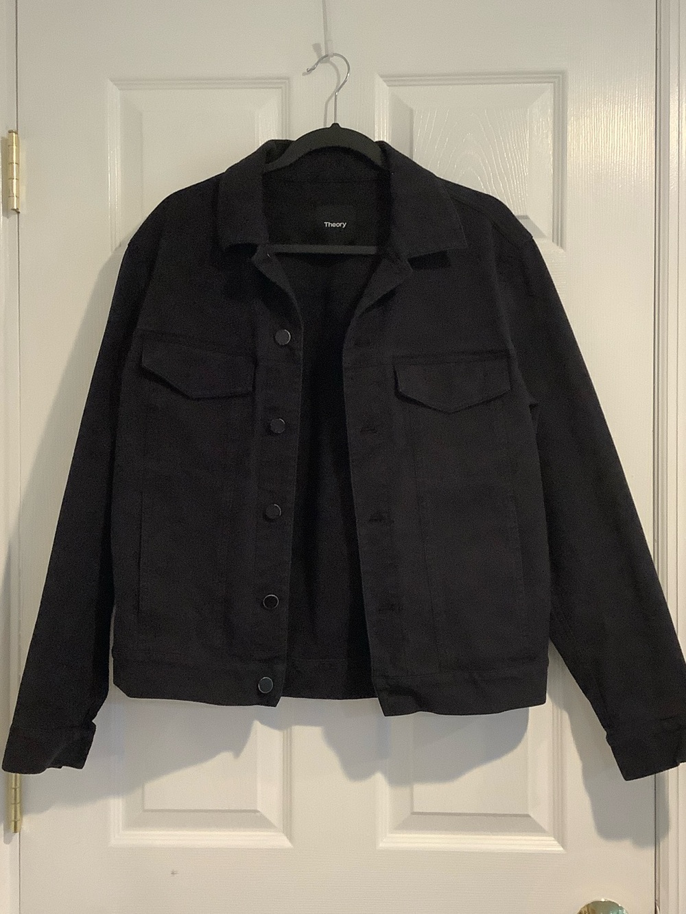 THEORY Men’s Black “City Trucker” Stretch Denim Minimalist Classic Jean Jacket M